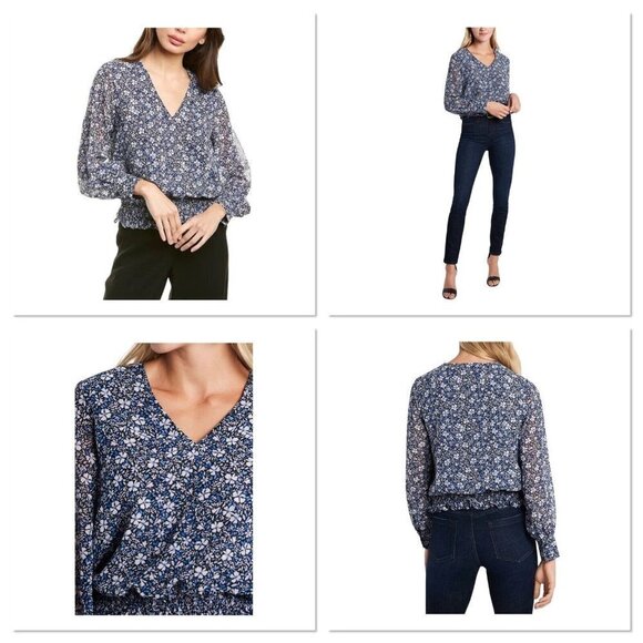 1. State Tops - 1. STATE Womens Blue Floral Smocked Cuffs Pullover Long‎ Sleeve V Neck Top XS